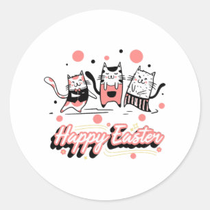 Pegatina Redonda Feliz Pascua Tres Gatos Con Conejito Kitty Kitten