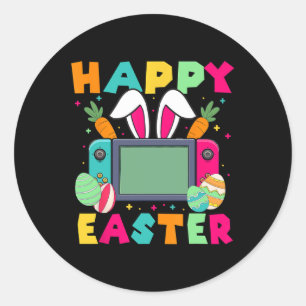 Pegatina Redonda Feliz Pascua Videojuego Conejo Controlador de Jueg