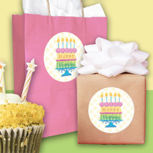 Pegatina Redonda Feliz pastel de cumpleaños con puntos amarillos Pe
