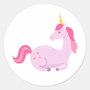 Pegatina Redonda Feliz Pastel Púrpura Unicornio, Corazón Rosa y Pel