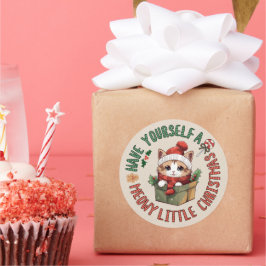 Pegatina Redonda Feliz Pequeña Navidad Kawaii Gato Naranja