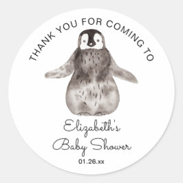 Pegatina Redonda Feliz Pequeño Pingüino Baby Shower Gracias