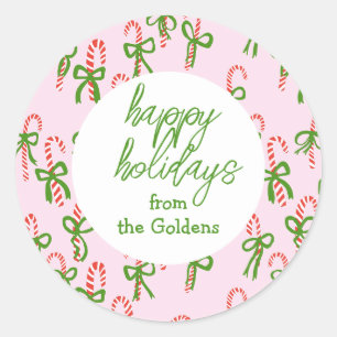 Pegatina Redonda FELIZ Personalizado Candy Canes Xmas Rosa