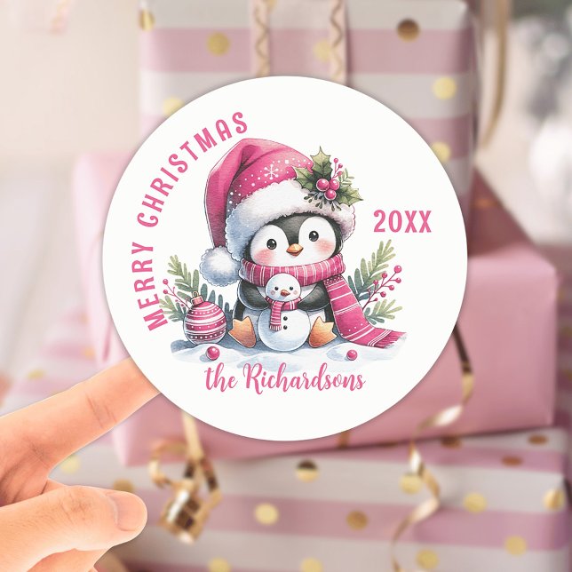 Pegatina Redonda Feliz Personalizado de Navidad Pingüino blanco y r (Subido por el creador)