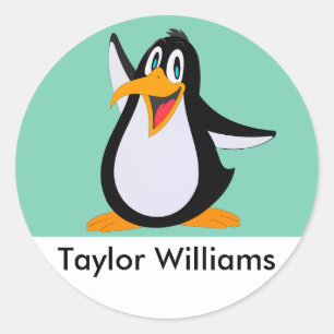 Pegatina Redonda Feliz Personalizado de pingüino con nombre persona