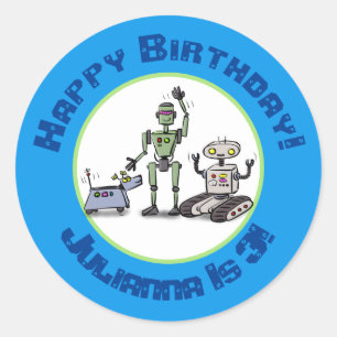 Pegatina Redonda Feliz personalizado de trío de robots lindos