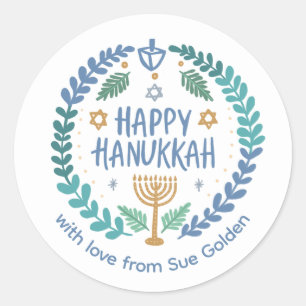 Pegatina Redonda FELIZ Personalizado HAPPY HANUKKAH Moderno, capric