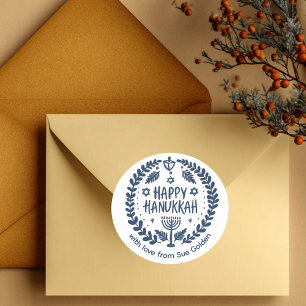 Pegatina Redonda FELIZ Personalizado HAPPY HANUKKAH Moderno, capric