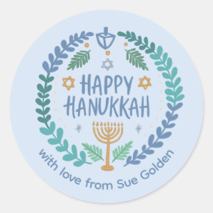 Pegatina Redonda FELIZ Personalizado HAPPY HANUKKAH Moderno, capric