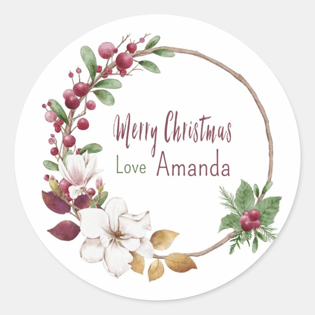 Pegatina Redonda Feliz Personalizado navideño Wreath Holiday Love (Anverso)