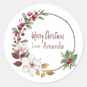 Pegatina Redonda Feliz Personalizado navideño Wreath Holiday Love