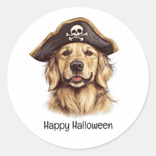 Pegatina Redonda Felíz pirata de Halloween Golden Retriever Dog Sku