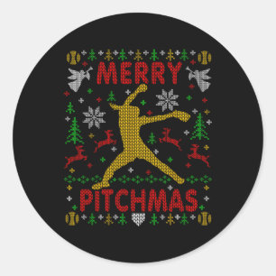 Pegatina Redonda Feliz Pitchmas Softbol Lanzadora Fea Navidad