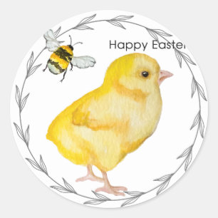 Pegatina Redonda Feliz pollo de Pascua y flores de primavera