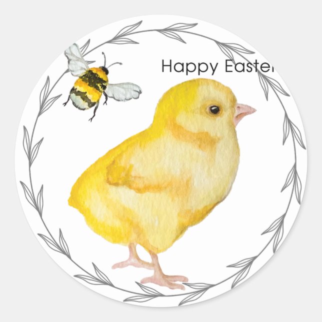 Pegatina Redonda Feliz pollo de Pascua y flores de primavera (Anverso)