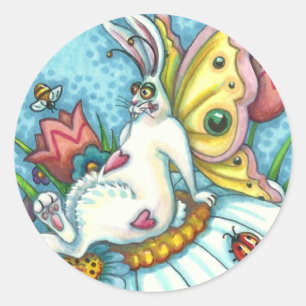 PEGATINA REDONDA FELIZ PRIMAVERA FLUTTERBUN RABBIT, FUNNY BUNNY FAI