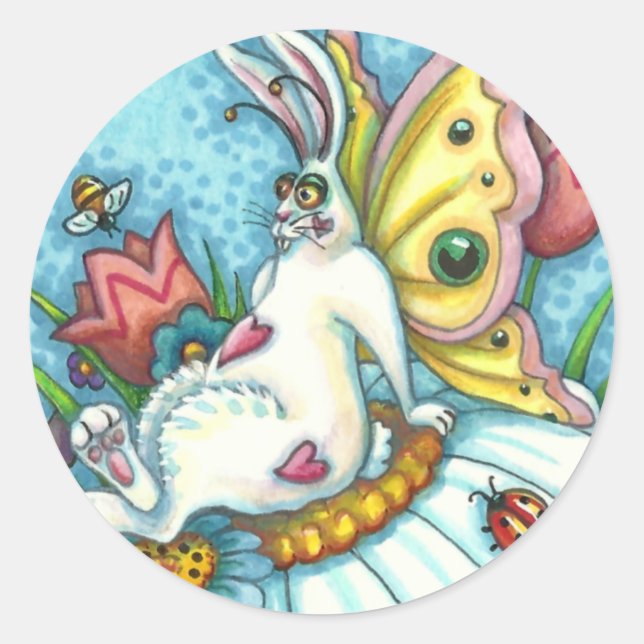 PEGATINA REDONDA FELIZ PRIMAVERA FLUTTERBUN RABBIT, FUNNY BUNNY FAI (Anverso)
