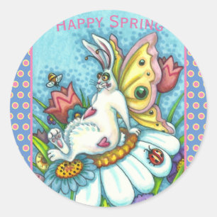 PEGATINA REDONDA FELIZ PRIMAVERA FLUTTERBUN RABBIT, FUNNY BUNNY FAI