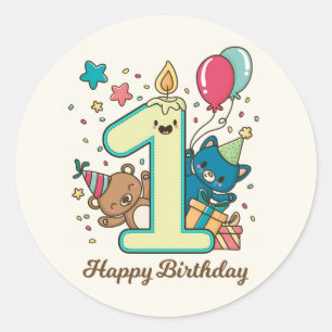 Pegatina Redonda Feliz primer cumpleaños