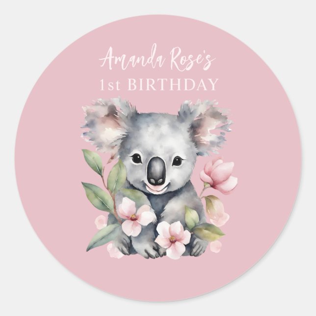 Pegatina Redonda Feliz primer cumpleaños Koala acuarela (Anverso)