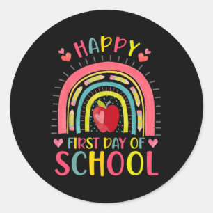 Pegatina Redonda Feliz Primer Día De Colegio Profesora Arcoíris De