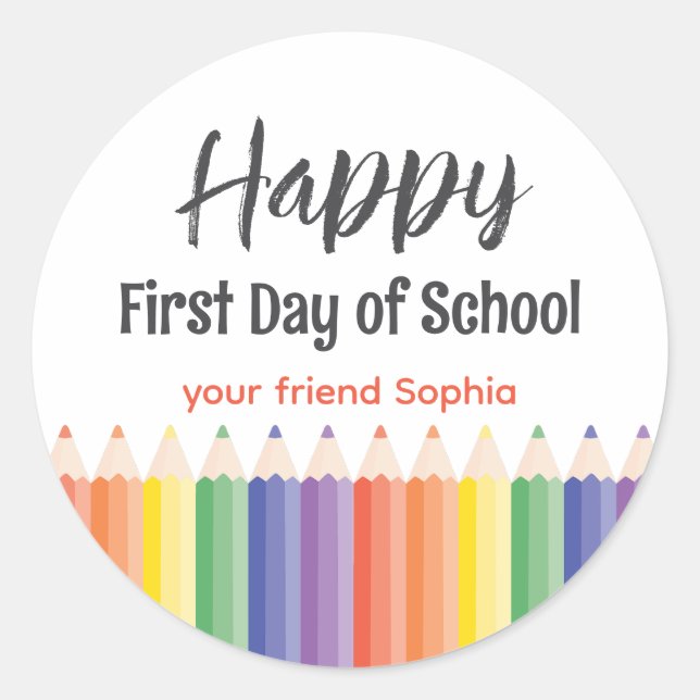 Pegatina Redonda Feliz Primer Día de Escuela (Anverso)