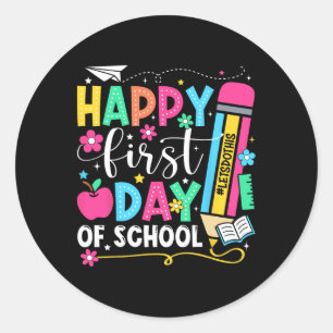Pegatina Redonda Feliz Primer Día De Escuela Lápiz Maestro Niños Vu