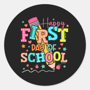Pegatina Redonda Feliz Primer Día De Escuela Lápiz Profesor Niños D