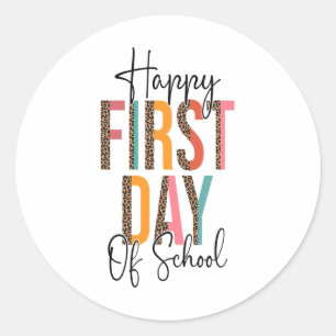 Pegatina Redonda Feliz Primer Día De Escuela Leopardo Ck Para Escue