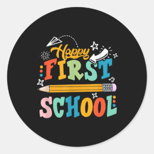 Pegatina Redonda Feliz Primer Día De Escuela Maestro Estudiante Niñ