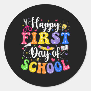 Pegatina Redonda Feliz Primer Día De Escuela Maestros Niños De Vuel