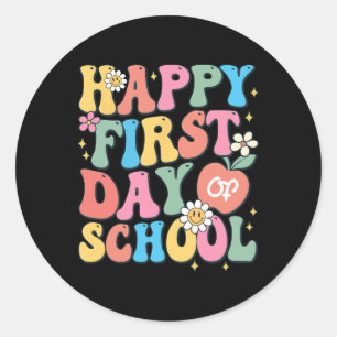 Pegatina Redonda Feliz Primer Día De Escuela Profesor Niños Niñas B