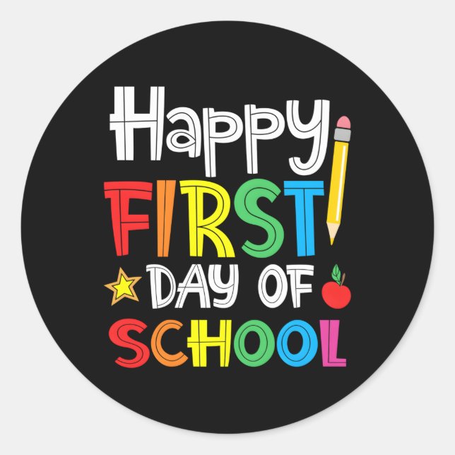 Pegatina Redonda Feliz Primer Día De La Escuela Bienvenido De Nuevo (Anverso)