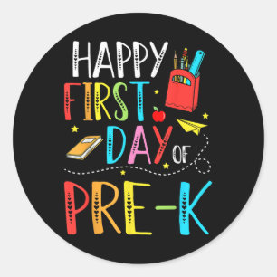 Pegatina Redonda Feliz Primer Día De Maestra De Pre-k Alumnos Niños