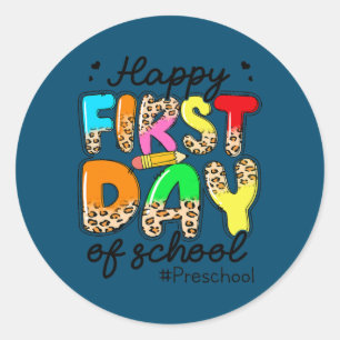 Pegatina Redonda Feliz Primer Día De Preescolar Maestro De vuelta a
