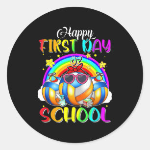 Pegatina Redonda Feliz primer día escolar del voleibol Rainbow Happ