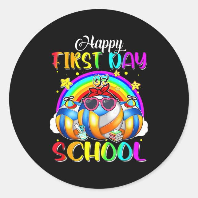 Pegatina Redonda Feliz primer día escolar del voleibol Rainbow Happ (Anverso)