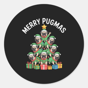 Pegatina Redonda Feliz Pugmas Pug Divertido Navidad Árbol Fiesta Ma