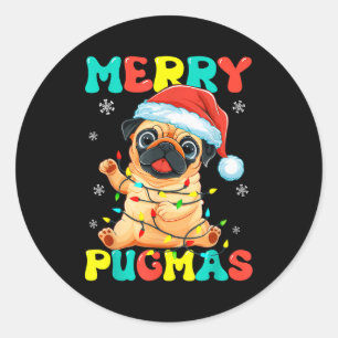 Pegatina Redonda Feliz Pugmas Pug Navidad Santa Pug Luces de Navida