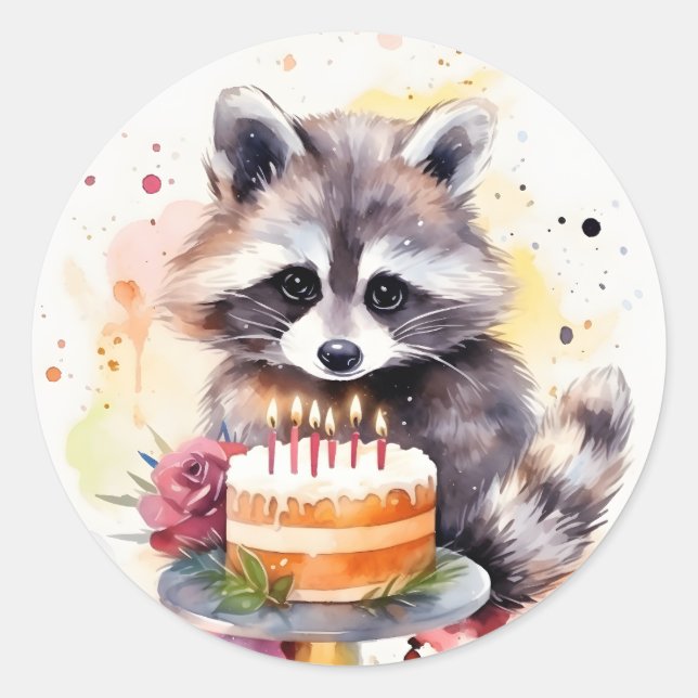 Pegatina Redonda Feliz Raccoon con pastel de cumpleaños (Anverso)