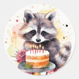 Pegatina Redonda Feliz Raccoon con pastel de cumpleaños