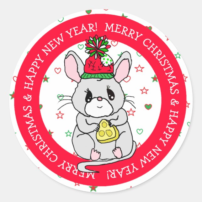 Pegatina Redonda Feliz Ratón navideño con feriado de queso (Anverso)