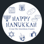 Pegatina Redonda Feliz regalo de Hanukkah nombre de costumbre blanc<br><div class="desc">¡Feliz Hanukkah,  personalizar,  regalo de apellido a los pegatinas Feliz Hanukkah,  Feliz Chanukah,  Hanukkah Sameach!,  Chag Sameach!,  Chag Urim Sameach! Azul marino y blanco</div>