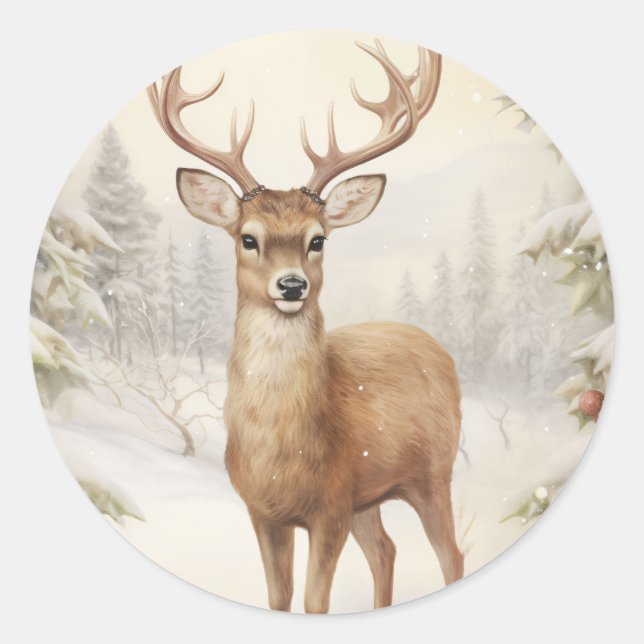 Pegatina Redonda Feliz reno navideño en un bosque nevado (Anverso)