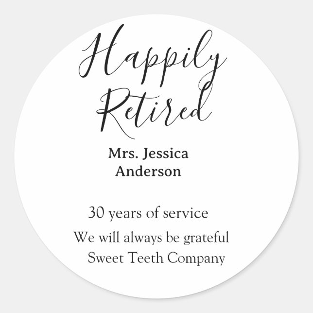 Pegatina Redonda Feliz retiro añadir nombre años de servicio jubila (Anverso)