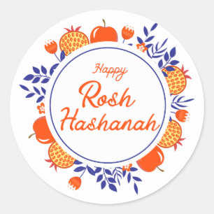 Pegatina Redonda feliz rosh hashanah, festividad judía naranja azul