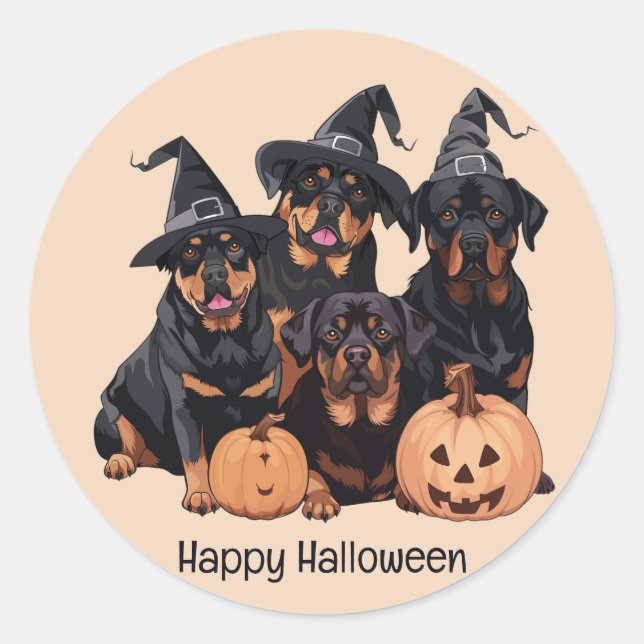 Pegatina Redonda Feliz Rottweiler de Halloween perros Jack O Lanter (Anverso)