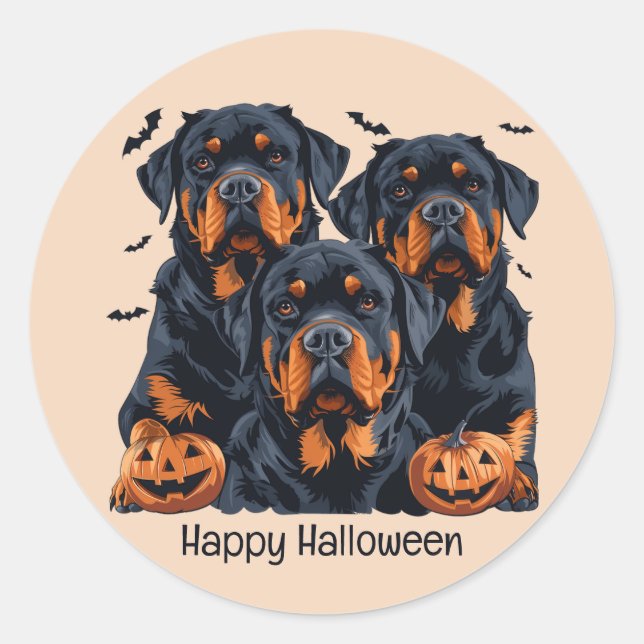 Pegatina Redonda Feliz Rottweiler de Halloween perros Jack O Lanter (Anverso)