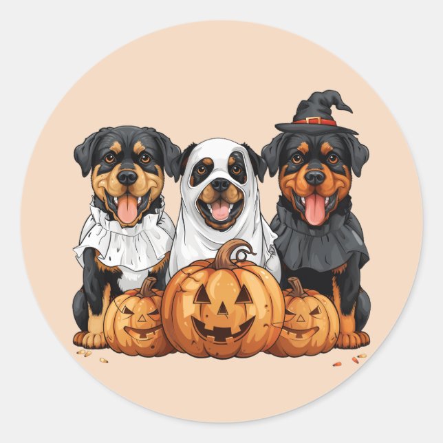 Pegatina Redonda Feliz Rottweiler de Halloween perros Jack O Lanter (Anverso)
