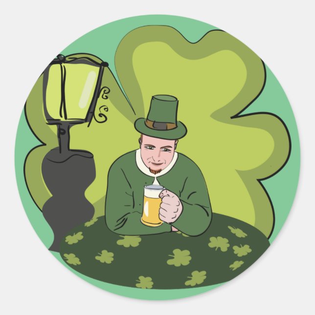 PEGATINA REDONDA "FELIZ SAN. DÍA DE PATRICK" LEPRECHAUN (Anverso)